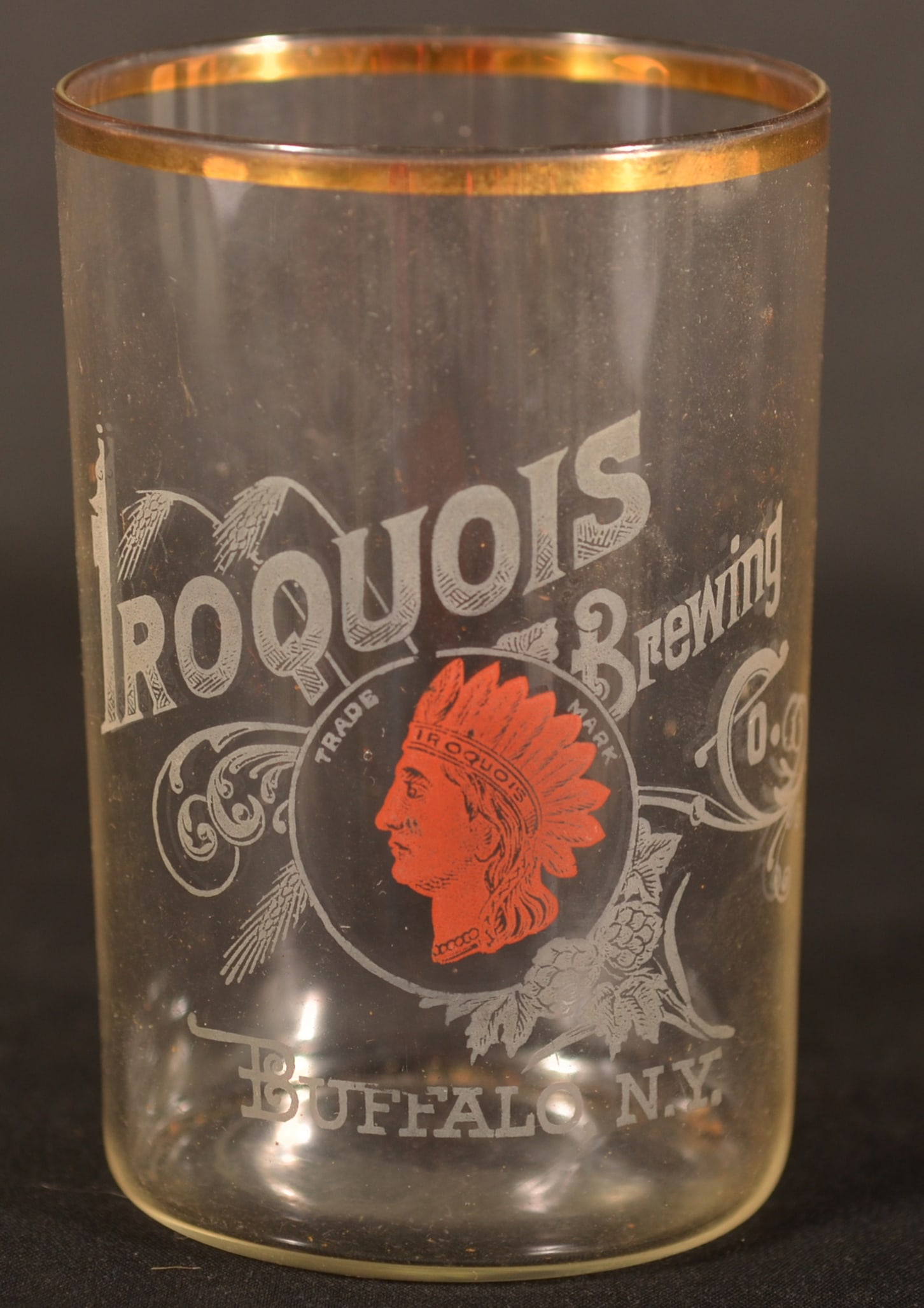 Excellent Iroquois Brewing Co. Etched Shot Glass: Beautiful shot glass with gold-plated rim and red-colored logo of the Indian Chief. From Buffalo, NY. 3 1/2"H