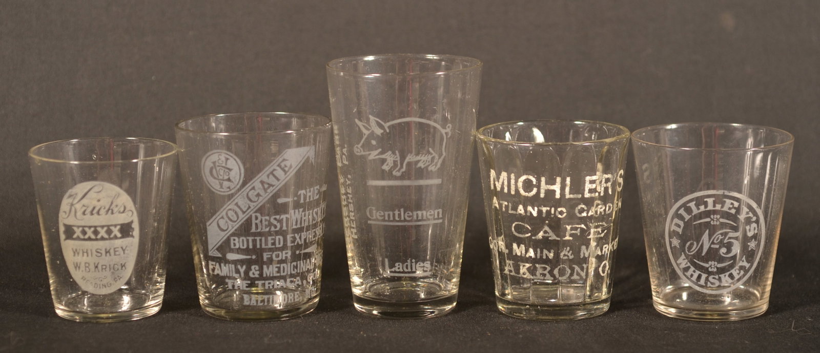 Five Etched Whiskey Shot Glasses PA, MD, OH: Dilley's No.5 Whiskey from Philadelphia, Krick's Whiskey from Reading, Colgate Best Whiskey from Baltimore, Michler's Atlantic Garden Cafe from Akron, Ohio and a Gentlemen/Ladies shot glass from