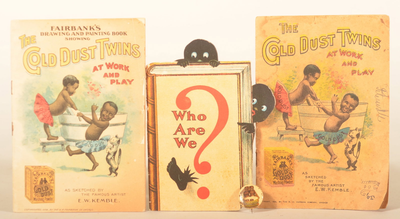 Antique Gold Dust Washing Powder Ephemera: Nice small group including a small pinback button, two different "The Gold Dust Twins at Work and Play" booklets and a figural booklet explaining the benefits of Gold Dust. Four items total.