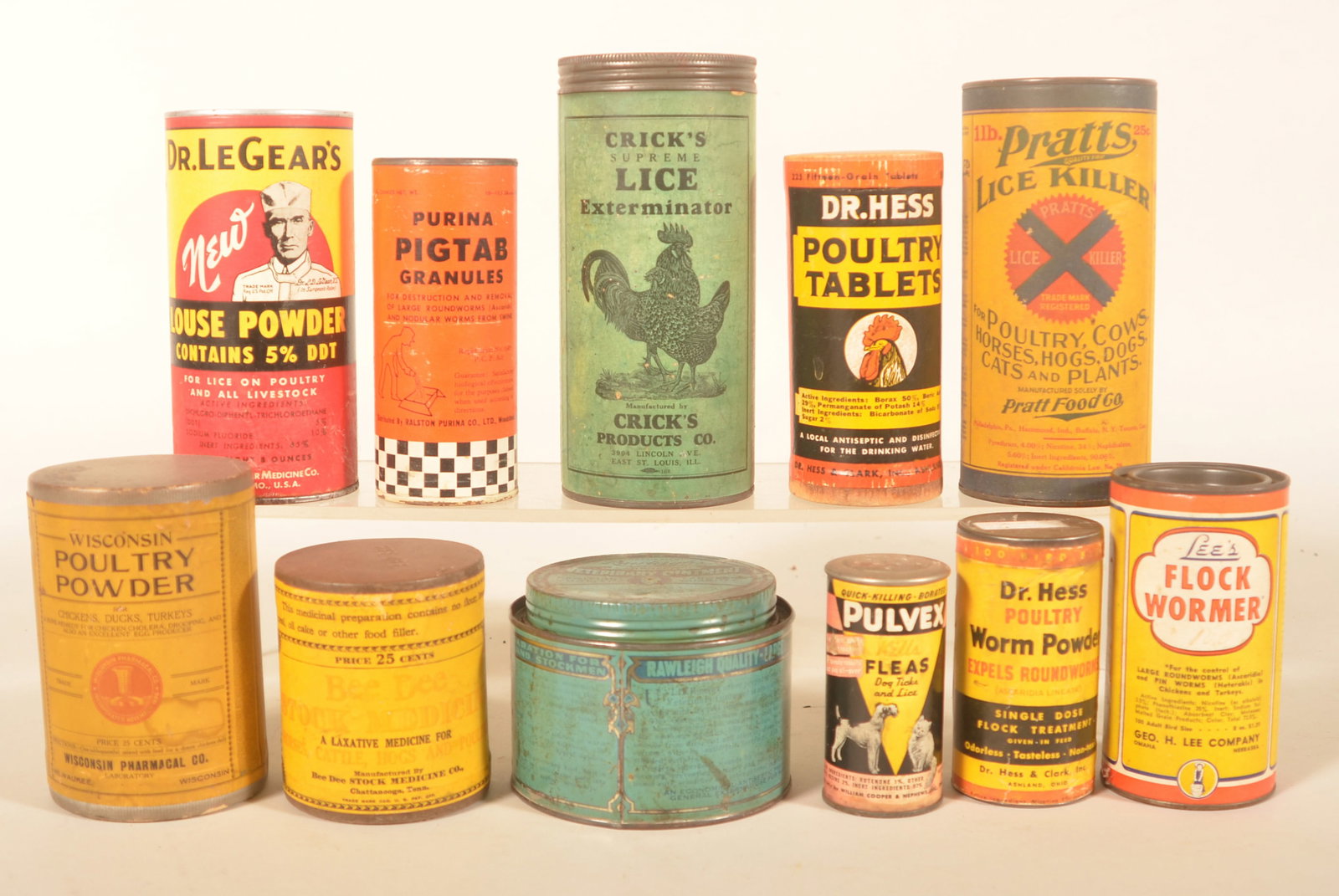 Nice Collection of Vintage Veterinary Advertising: Ten different advertising containers including two Dr. Hess, Crick's Poultry Lice Exterminator, Pratt's, Dr. LeGear's, Rawleigh's, Purina, Bee Bee Poultry and Stock, Unusual Wisconsin Poultry Powder,