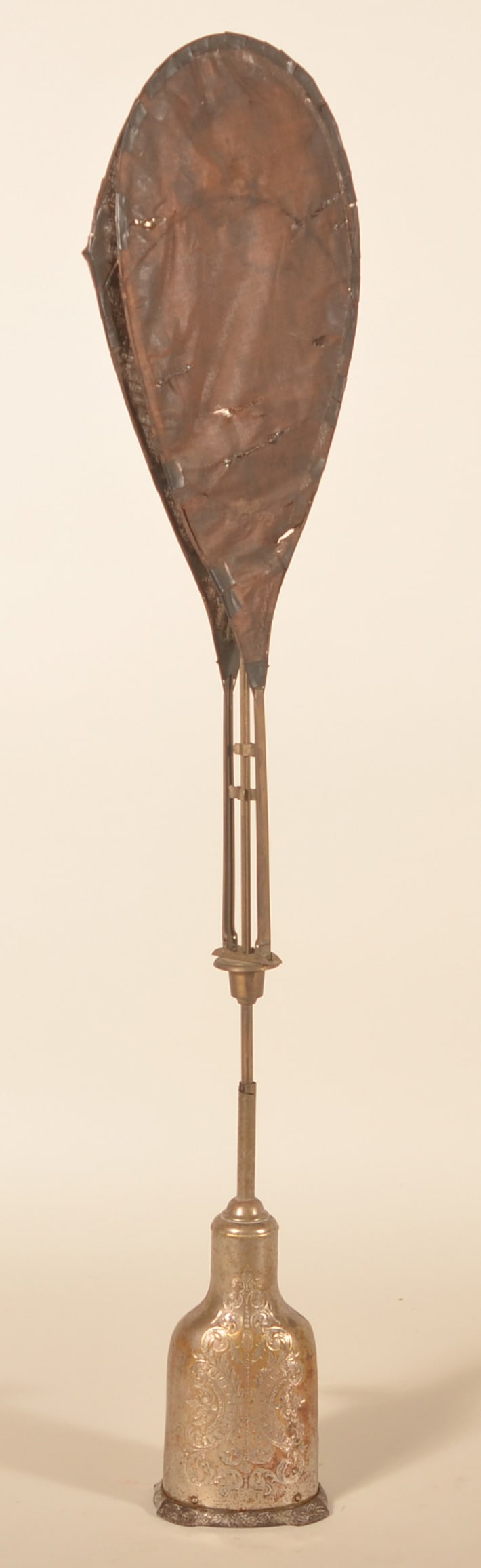 Nickel-Plated Victorian Mechanical Fan: Another excellent example is this late-19th-century key-wind fan that would be used in stores, hotels, restaurants and around the home. Original canvas fan blades. Nickel over brass embossed base. Wor