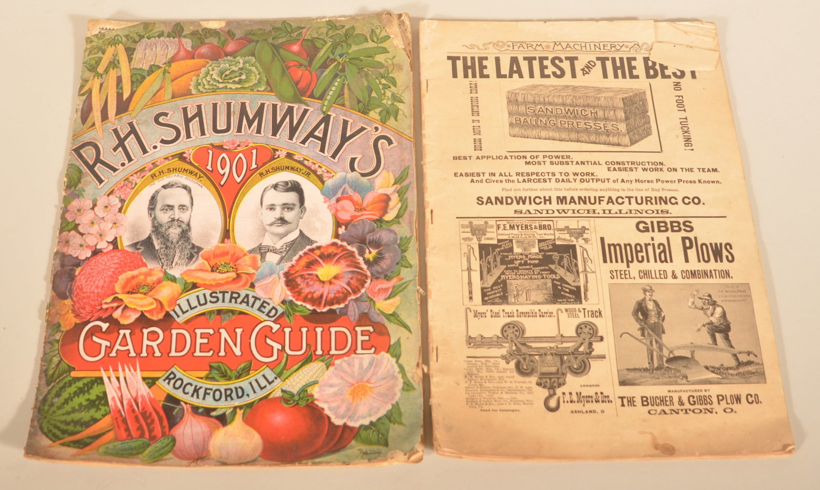 Vibrant 1901 R.H. Shumway's Seed Catalog: Beautiful, large seed catalog with color lithographed covers. The inside with pages of various fruits and vegetables depicted with engravings. Together with a period issue of "Farm Machinery" featurin