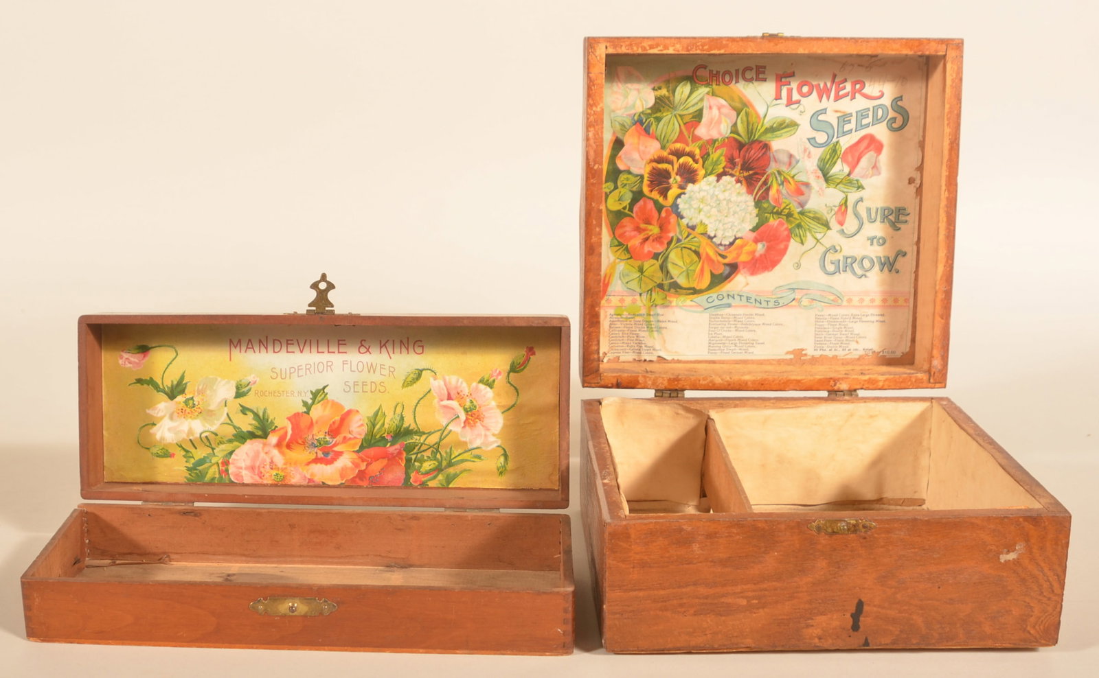 Two Country Store Seed Display Boxes: Two early-20th-century boxes. One advertises Mandeville & King and the other Choice Flower Seeds. Very nice colors on both labels. Provenance: The collection of Russell and Darlene Snyder. Mandeville 