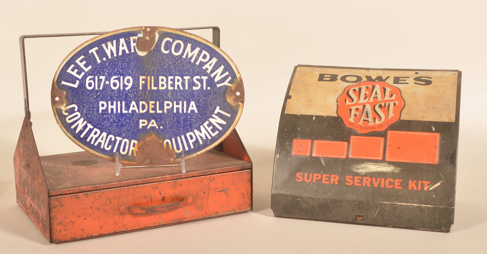 SSP Contractor Sign, Bowe's Display, Belden Tray: Three items. Small oval single-sided porcelain sign for Lee T. Ward Company Contractor Equipment Philadelphia, Pa., metal Belden Wiring Squad Kit toolbox with drawer, and tin automotive garage display