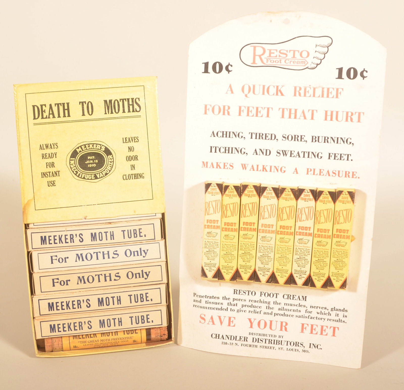 Meekers Death to Moths & Resto Foot Cream Display: Two NOS complete cardboard displays. Easel-back Death to Moths display with boxes and bottles. Hanging Resto Foot Cream display with dummy packages. Provenance: The collection of Russell and Darlene