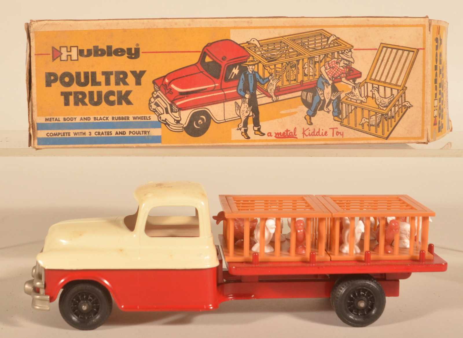 Hubley No. 497 Poultry Truck w/ Original Box: Poultry truck with chickens made by Hubley in Lancaster, Pa and marked on the front bumper. Truck, 10"L