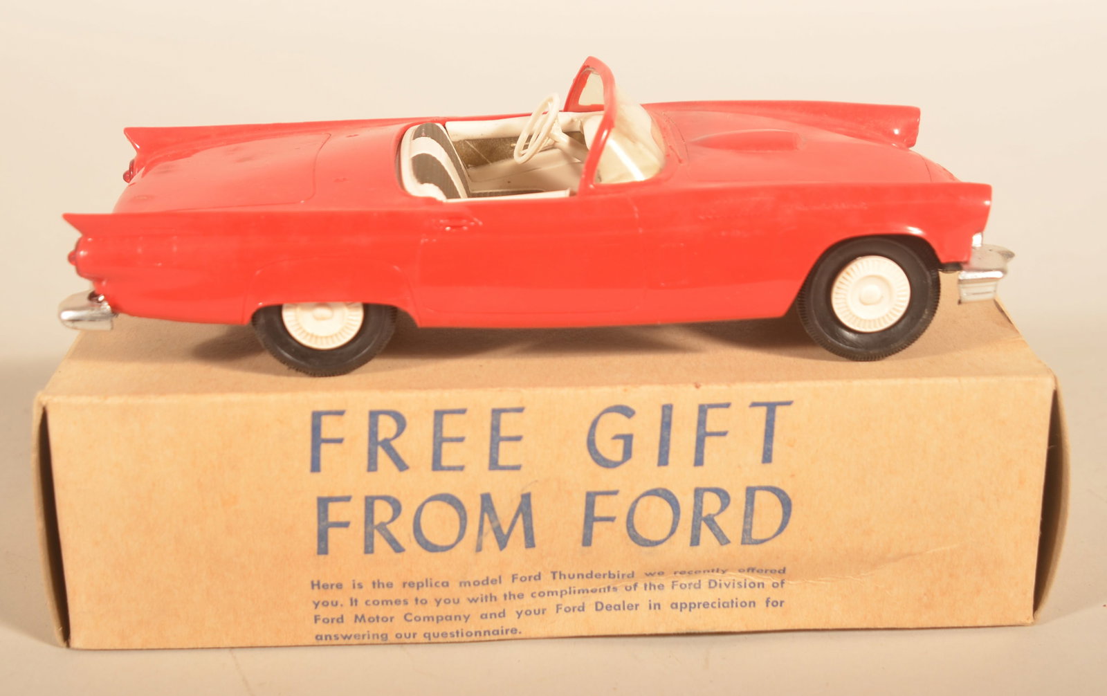 1955 Ford Thunderbird Promotional Friction Toy Car: The original box says "Free Gift From Ford". Friction toy made by AMT Inc. in Birmingham, MI. 7 1/4"