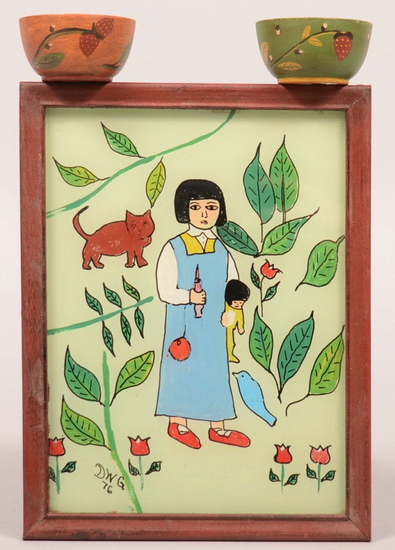 52. Lot of Three Gottshall Items. Two Wooden Carved and: 52. Lot of Three Gottshall Items. Two Wooden Carved and Polychrome Strawberry Decorated Salts, Signed J.E.G. 79,1-1/4"h.x 2-1/4"dia.,And Reverse Painting on Glass of Child Holding doll and foliage, Si