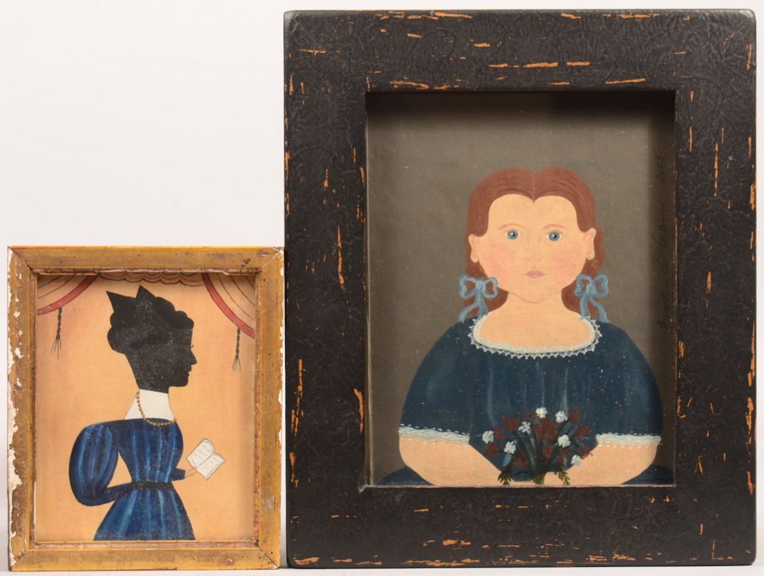 62. Two Contemporary Folk Art Paintings. 1st is: 62. Two Contemporary Folk Art Paintings. 1st is Silhouette style of woman with blue striped dress and holding book, 6"h.x5"w, 2nd is a half portrait of young girl with blue dress, signed on back Annie