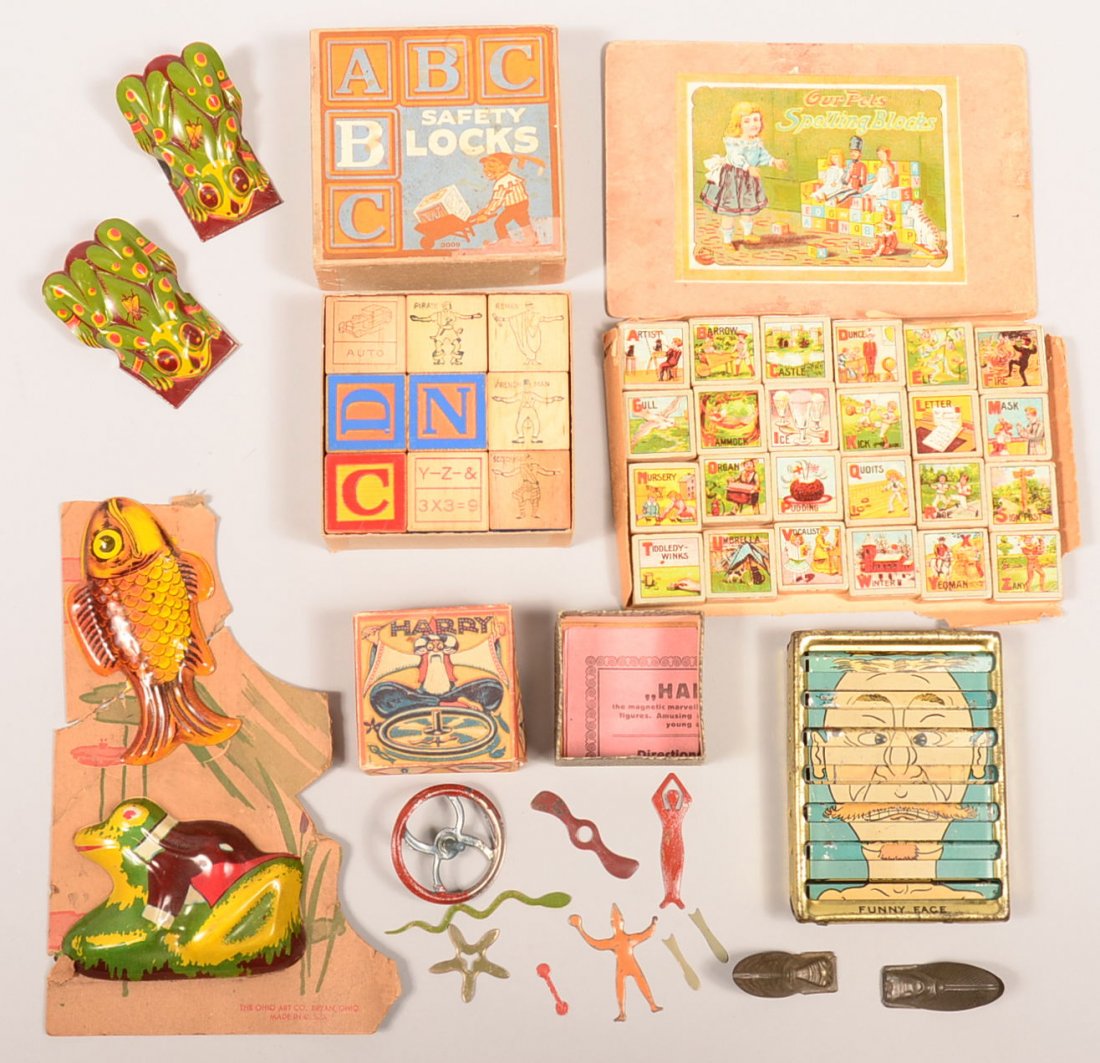 154. Small Grouping of Toys. Including ABC Safety: 154. Small Grouping of Toys. Including ABC Safety Blocks with original box, Our Pets Spelling Blocks with partial box, Harry Magnetic Marvelous Top with original box, Funny Face Puzzle , Frogs and Bug