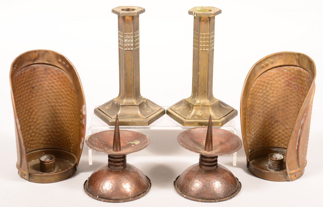 241. Three Pair of Arts and Craft Candlesticks, Pair: 241. Three Pair of Arts and Craft Candlesticks, Pair Signed Pairpoint pot metal with bronze finish, Pair hammered copper low prickets and Pair hammered copper with saucer base with shaped reflector ba