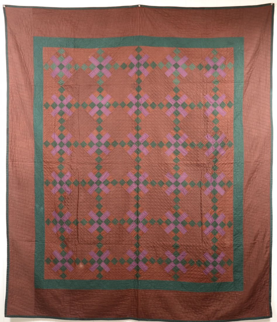 264. Amish Four-Patch Pattern Quilt. 1890's Bellville: 264. Amish Four-Patch Pattern Quilt. 1890's Bellville PA, Nebraska Amish Section, 70"x 81". Condition: Good with some staining.