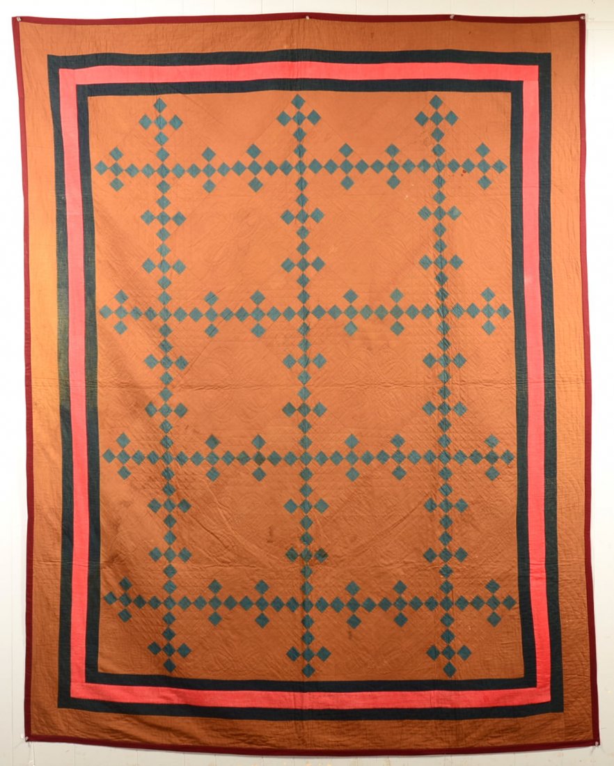 284. Amish Nine Patch Pattern Quilt. Belleville, PA.: 284. Amish Nine Patch Pattern Quilt. Belleville, PA. Nebraska Amish section, 1890's, 73"x 92"Condition: Good with staining.