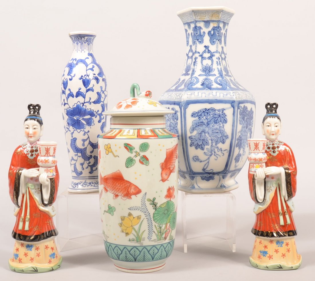 380. Group of Modern Oriental Porcelain; Three various: 380. Group of Modern Oriental Porcelain; Three various vases, 12-1/2" to 14" high and a pair of figural candle holders, 11-1/4"h. Condition: Very good.