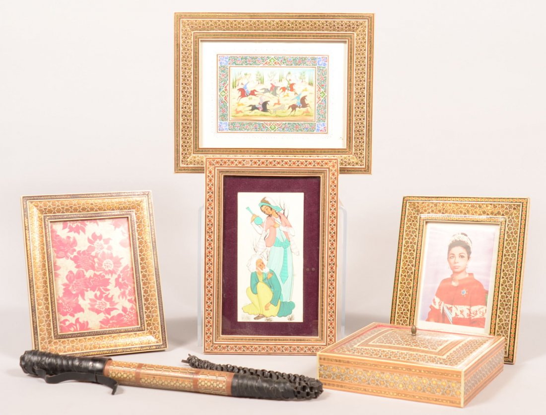 391. Six Micro-mosaic Inlaid Pieces; four picture: 391. Six Micro-mosaic Inlaid Pieces; four picture frames (two with original art), a covered box and a whip handle, 15" long. 2 frames 10" x 8" overall, one 12" x 8" and one 12" x 10", box measures 2-1