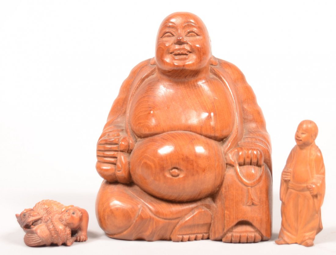 398. Three Various Oriental Wood Carvings; Dragon and: 398. Three Various Oriental Wood Carvings; Dragon and Lion Netsuke with artist signature on a mother of pearl inlay, 2-1/2" diam., seated Buda figure, 8"h. and a man wearing a kimono figure, 4-1/8"h. 