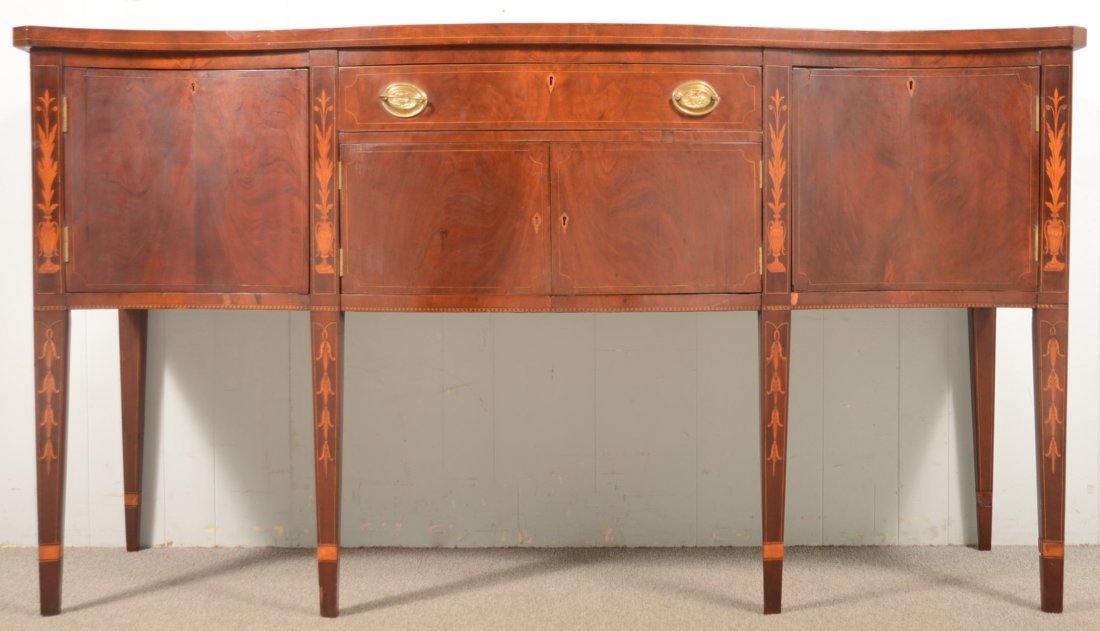 412. Very Fine and Important Lancaster, Pennsylvania: 412. Very Fine and Important Lancaster, Pennsylvania Hepplewhite Mahogany Inlaid Sideboard, Circa. 1790-1810. Serpentine top with checkered line inlay, central line inlaid dovetailed drawer above two 