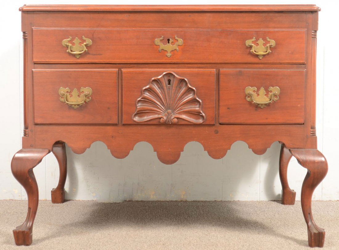418. Centennial Maryland Queen Anne Walnut Lowboy,: 418. Centennial Maryland Queen Anne Walnut Lowboy, Circa. 1840-1860. In the style of Gerard Hopkins. Molded top with duck bill corners, Full width lip molded dovetailed drawer above a central shell ca