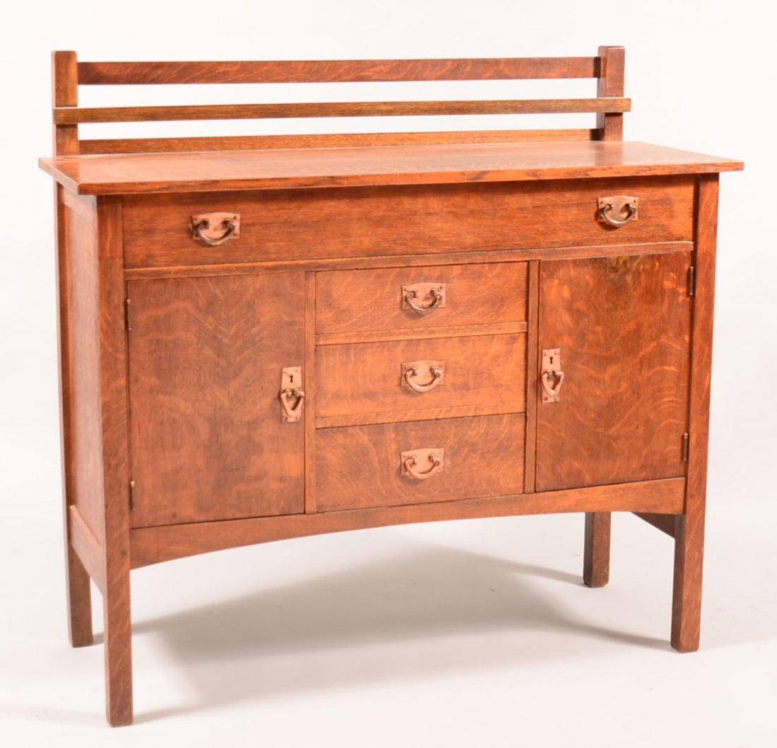 448. Gustav Stickley Arts and Crafts Oak Sideboard,: 448. Gustav Stickley Arts and Crafts Oak Sideboard, #816. Plate rail back, full width upper drawer (labeled Stickley) over three stacking central drawers flanked by two cupboard doors with original ha