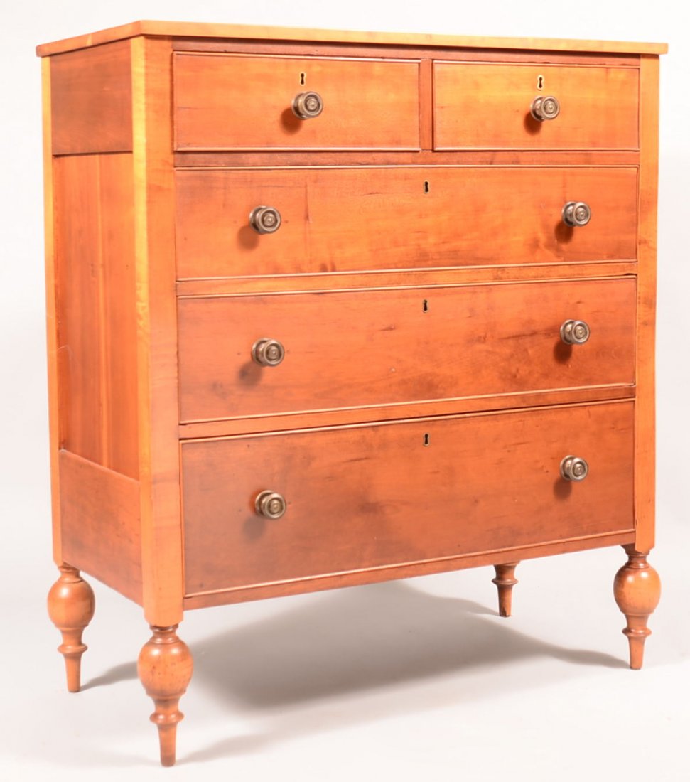 466. Federal Cherry and Maple Chest of drawers, Circa.: 466. Federal Cherry and Maple Chest of drawers, Circa. 1830-1840. Two split over three full width cock beaded, graduated and dovetailed drawers, paneled sides and high turned feet. 46-1/2"h x 40-1/2"w