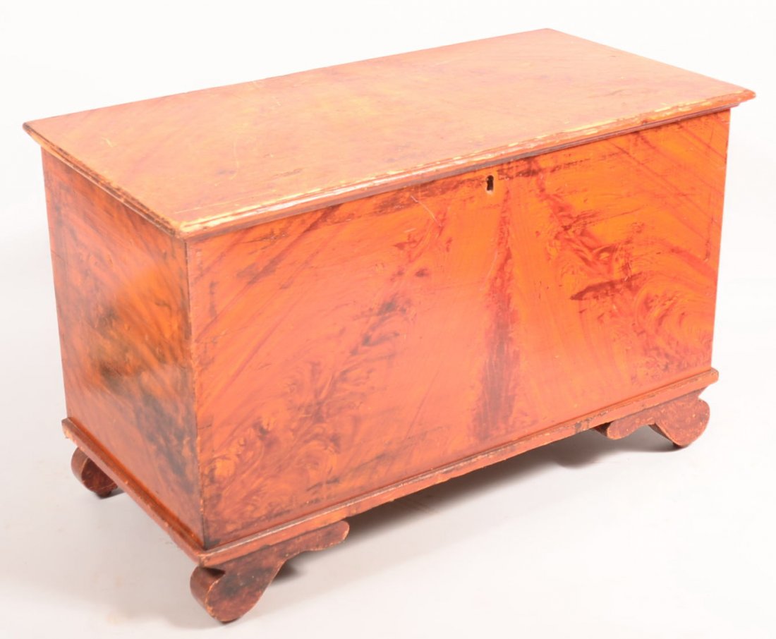 471. Berks County, PA Feather Grain Paint Decorated: 471. Berks County, PA Feather Grain Paint Decorated Blanket Chest. Molded lid, dovetailed case, interior walnut till with two spilt dovetailed drawers, molded base and scrolled feet. Signed under lock