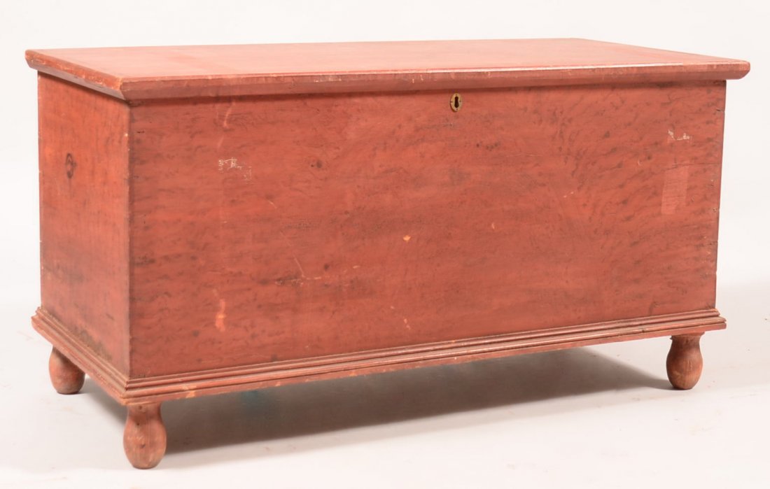 484. Pennsylvania 19th Century Softwood Blanket Chest: 484. Pennsylvania 19th Century Softwood Blanket Chest with Original Stippled Paint Decoration. Molded lid, interior till, Dovetailed case, molded base and turned feet. 23"h x 43-1/2"w x 20"d. Conditio