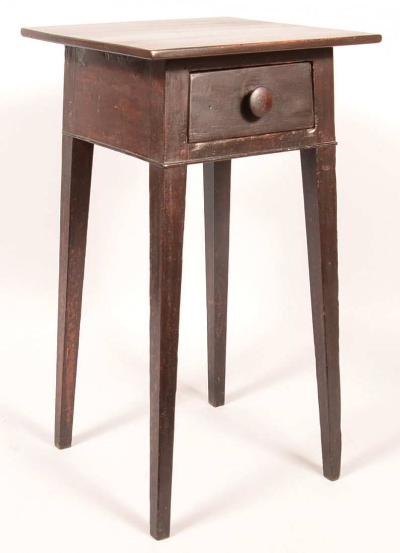 493. Country Hepplewhite Work Stand with old brown: 493. Country Hepplewhite Work Stand with old brown paint. Square top, dovetailed drawer beaded skirt and tapered legs. 30"h x 16"w x 16"d. Condition: Good with wear.