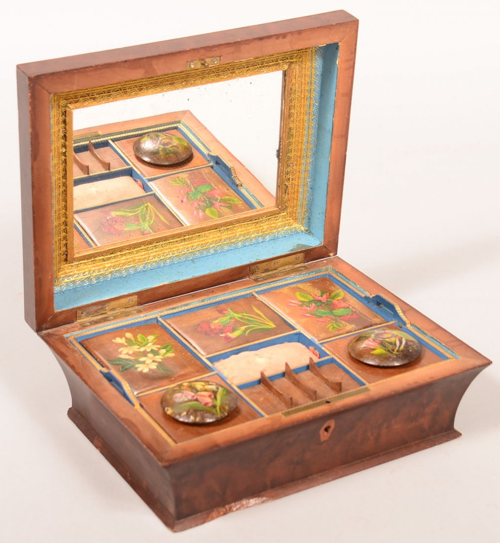 515. 19th Century Painted Burlwood Sewing Box. Floral: 515. 19th Century Painted Burlwood Sewing Box. Floral decorated hinged lid, interior with lift-out tray having floral decorated compartments. 4"h x 10-1/4"w x 8"d. Condition: Good with wear and some l