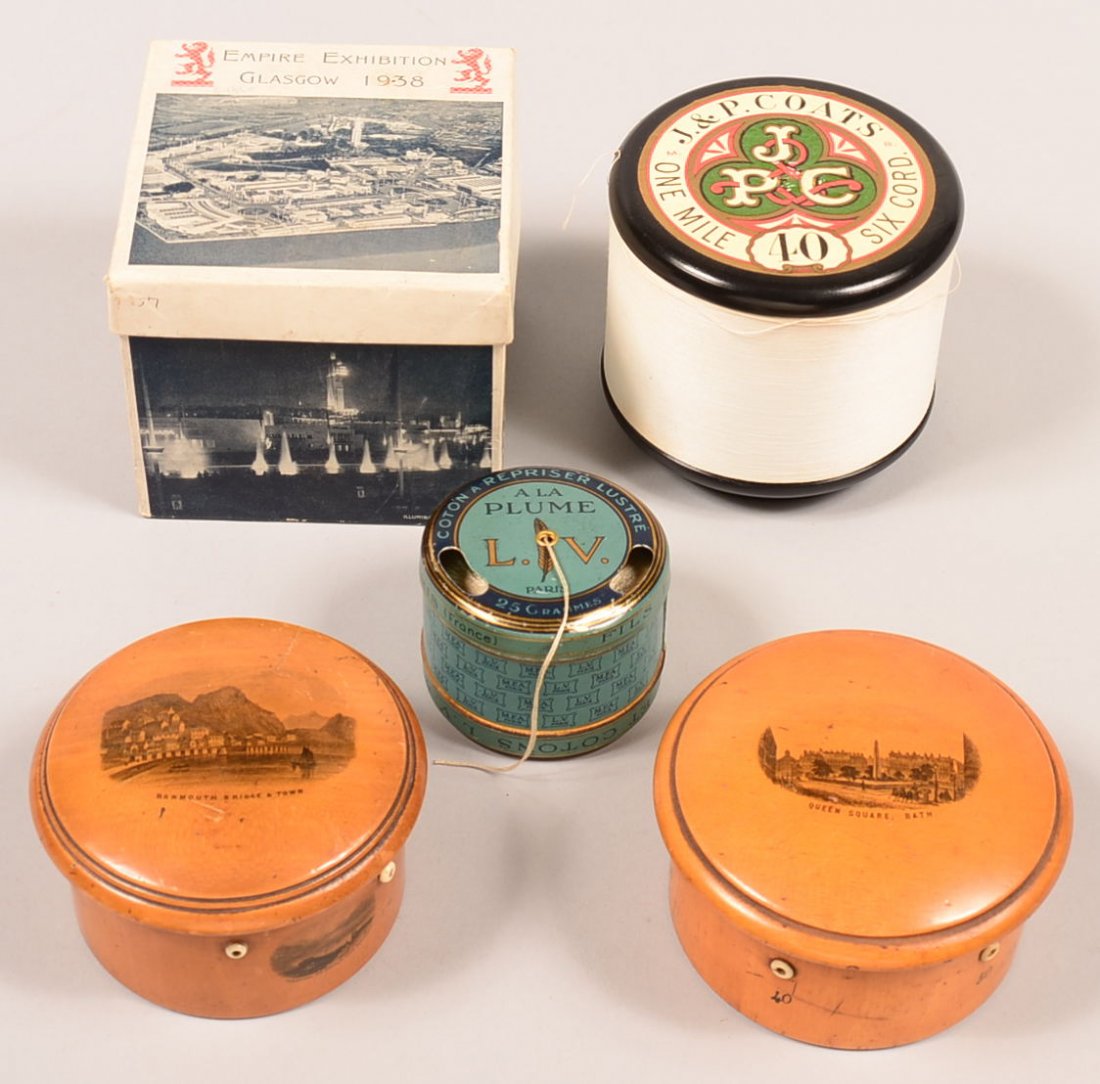 540. Four Vintage Spool Holders; 1938 Glasgow Empire: 540. Four Vintage Spool Holders; 1938 Glasgow Empire Exhibition with original box, 4"h., two round wood with scenic transfers, "Barmouth Bridge and Town" and "Queen Square, Bath", 2-1/4"h. and "A LA P