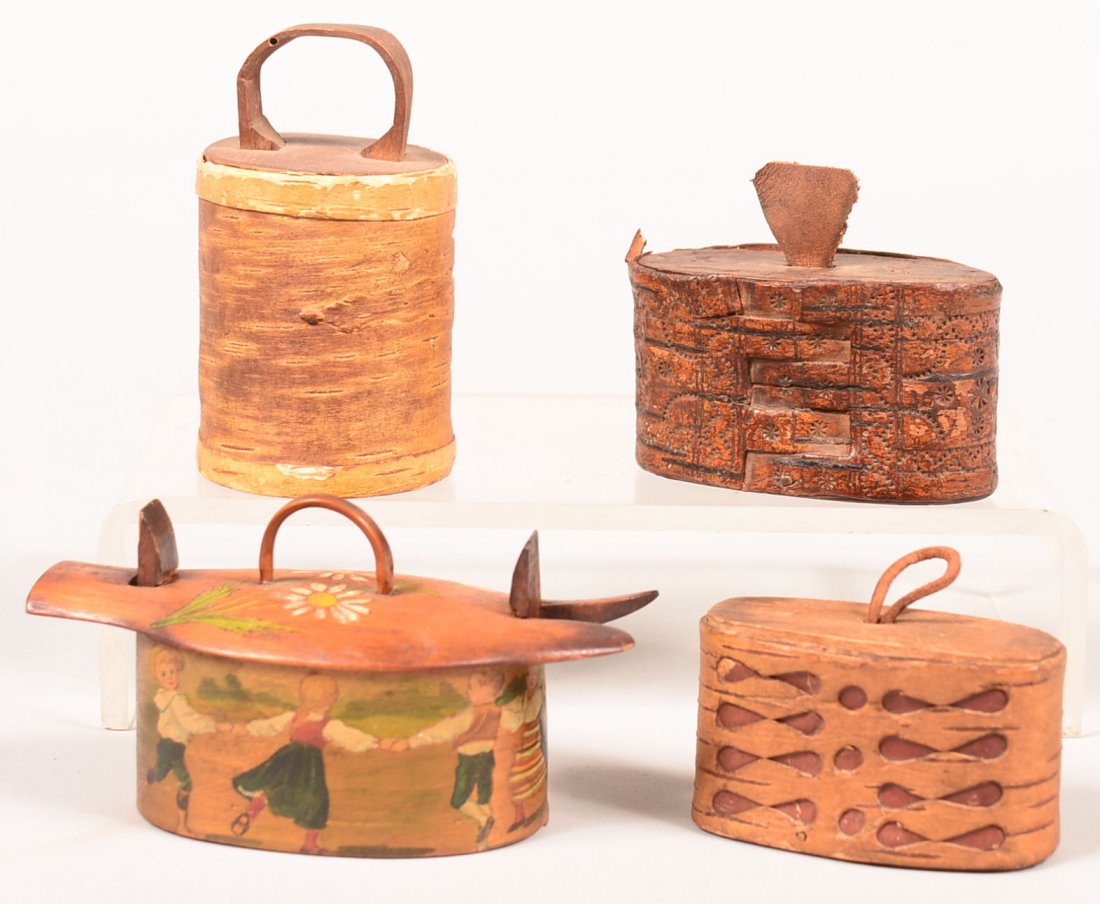 575. Lot of Four Various Scandinavian Snuff and Trinket: 575. Lot of Four Various Scandinavian Snuff and Trinket Boxes. Including a hand painted children playing ring around the rosy. Tallest measures 3-1/2"h. Condition: Good with use wear and minor losses.