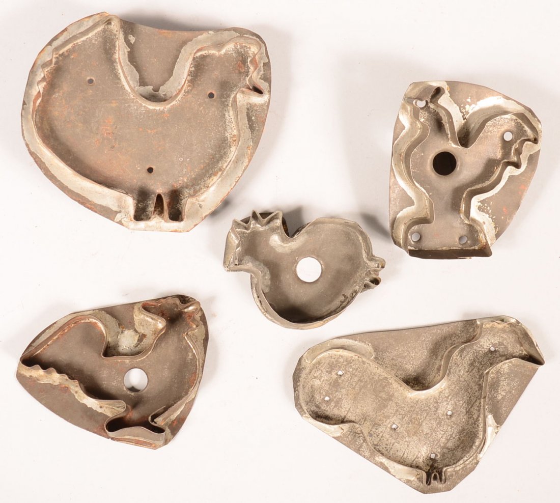 608. Five Various Bird Tin Cookie Cutters. Roosters and: 608. Five Various Bird Tin Cookie Cutters. Roosters and hens, 3-1/2"h. - 5"h. Condition: Good with use wear.