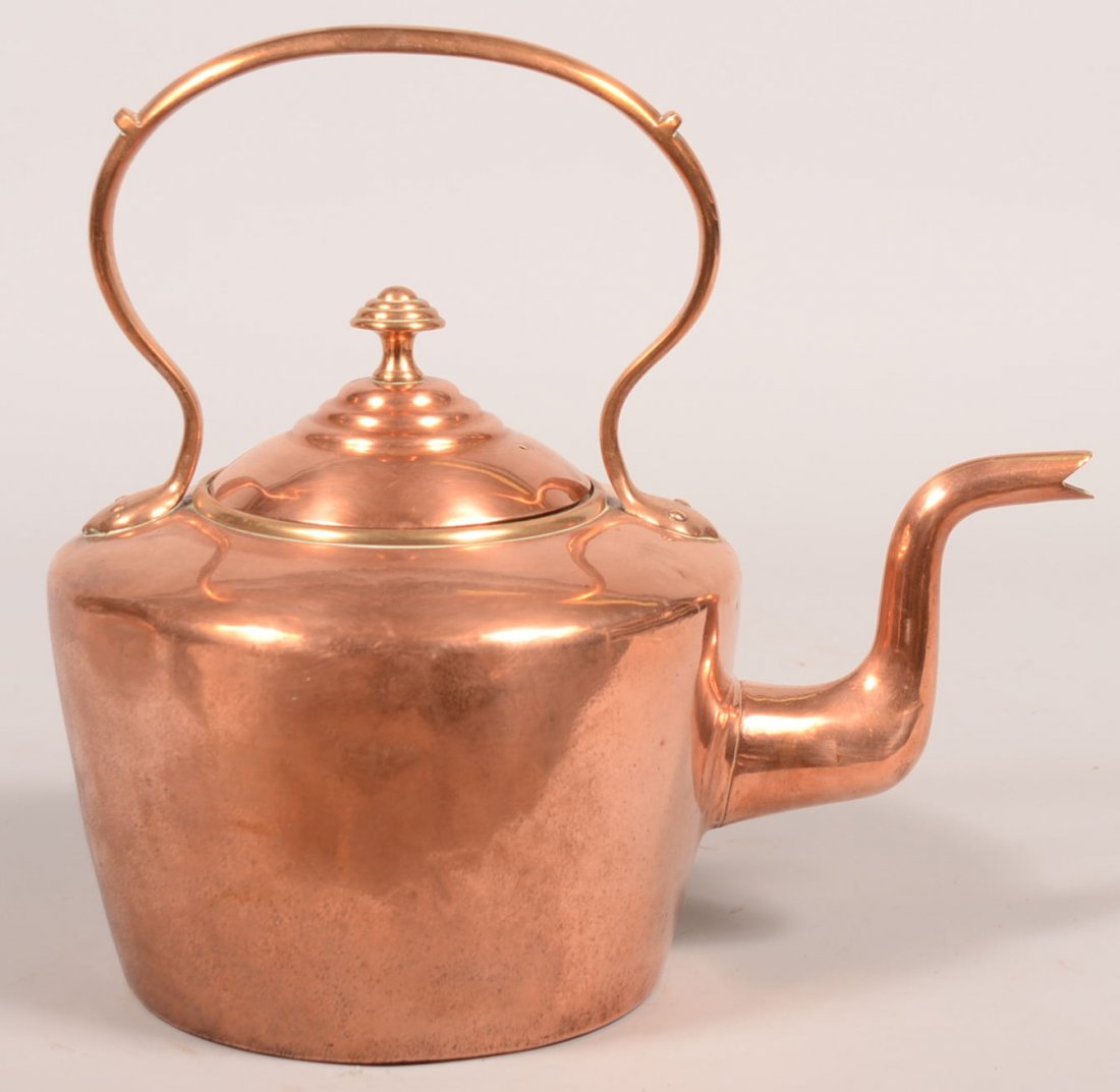 622. 19th Century Copper Tea Kettle with Goose neck: 622. 19th Century Copper Tea Kettle with Goose neck spout, Stationary handle, Brass stepped mushroom style finial, 12-3/4"h. Condition: Good use wear.