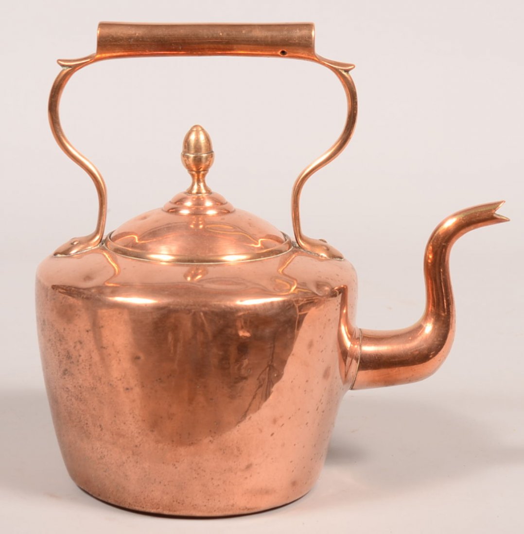 623. 19th Century Copper Tea Kettle with goose neck: 623. 19th Century Copper Tea Kettle with goose neck spout, Stationary handle, Brass acorn style finial, 10-1/2"h. Condition: Good with use wear.