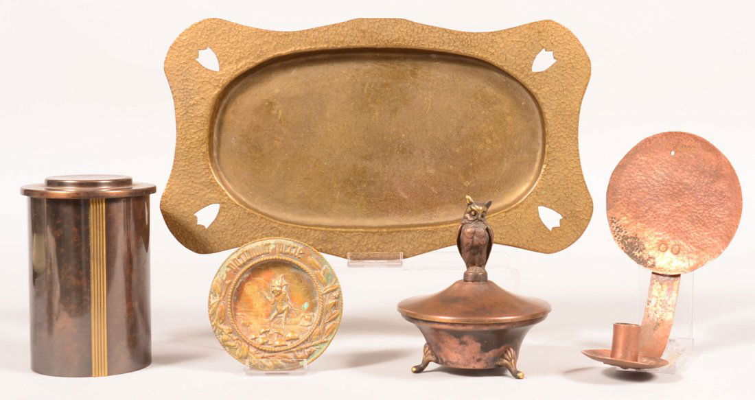 654. Five Pieces of Metalware. Hand hammered: 654. Five Pieces of Metalware. Hand hammered 15-1/4"dia.Copper Tray and 8"h. Wall sconce, Covered Bronze Bowl with owl finial signed bronze Denmark 6"h. , Signed Silver Crest 6-1/2"h. Bronze Tobacco J