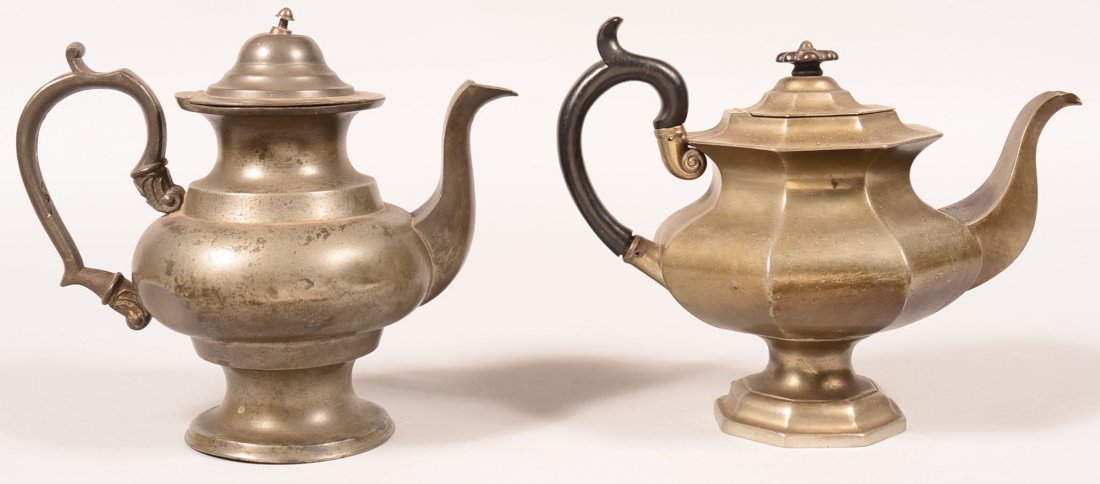 659. American & English Pewter Teapot. 1st is Signed: 659. American & English Pewter Teapot. 1st is Signed C.P. Wayne & Son Philadelphia, Bulbous form with shaped handle, 9-1/2"h. Condition: Dents and missing wafer. 2nd is Signed James Dixon & Sons , Oct
