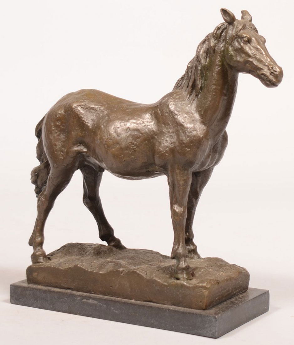 690. Small Bronze Horse Statue on marble base,: 690. Small Bronze Horse Statue on marble base, Unsigned, 11"h. x 10-1/2"l. x 4"w. Condition: Very good.