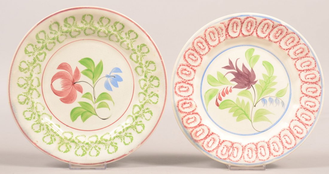 783. Two Stick Spatter Ironstone China 8-1/2" Plates.: 783. Two Stick Spatter Ironstone China 8-1/2" Plates. Columbine with red smoke ring border and Adams rose pattern with green bow tie border. Condition: Very good.