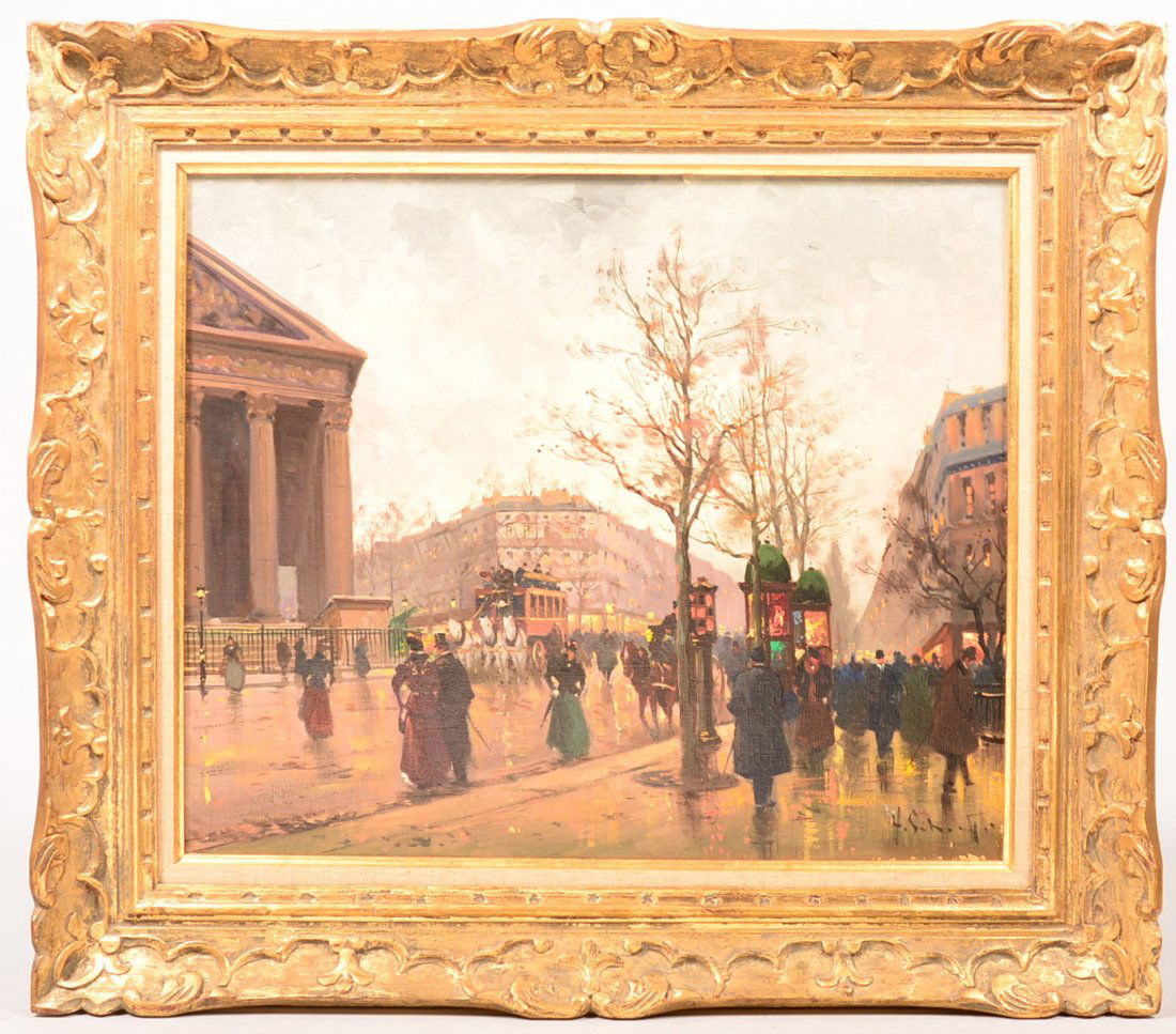 873. Oil on Canvas Paris Street Scene with horse drawn: 873. Oil on Canvas Paris Street Scene with horse drawn coaches, buildings and people. French Artist signed l.r. but illegible. Image size 17-3/4" x 21" in a gilt molded frame 25" x 29" overall. Condit
