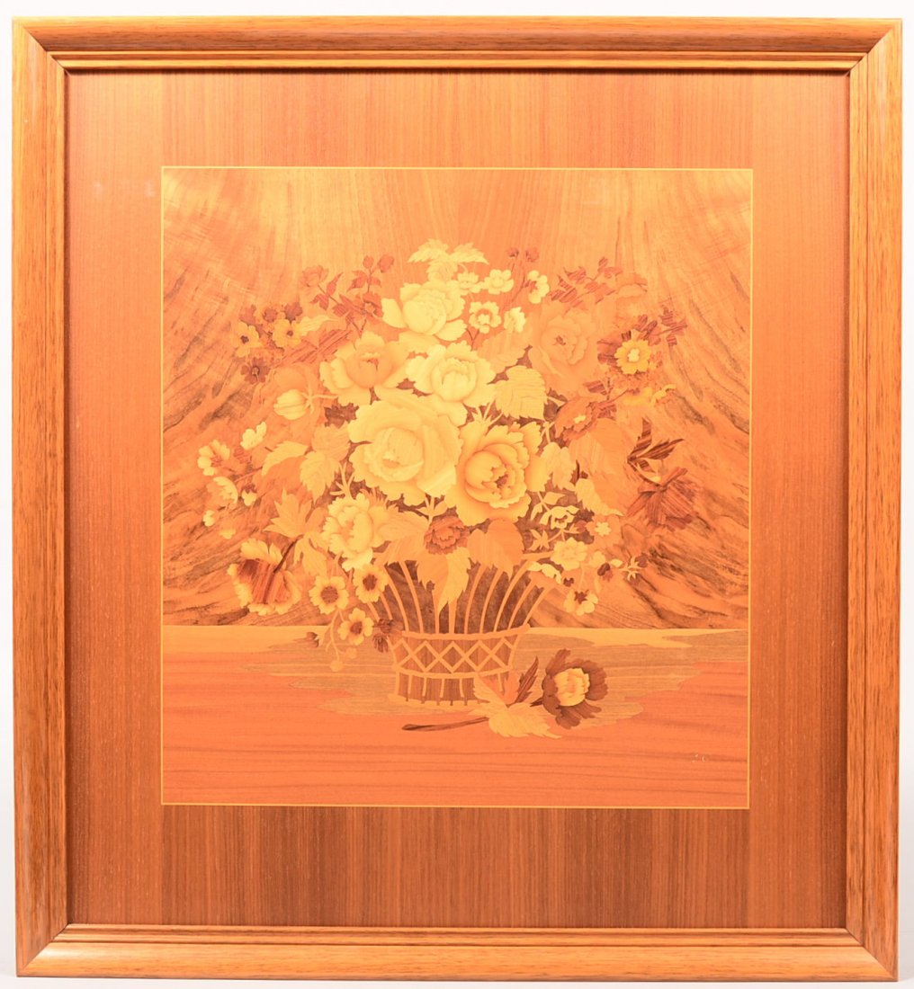 878. Framed Marquetry Floral Still Life. Labeled on: 878. Framed Marquetry Floral Still Life. Labeled on back "Original Wood-Inlaid Art Work By B.G. Displayed by Otto Chulp, ABC Studio, Heidelberg, Augustastr". 30-1/2"h x 28"w overall. Condition: Very g