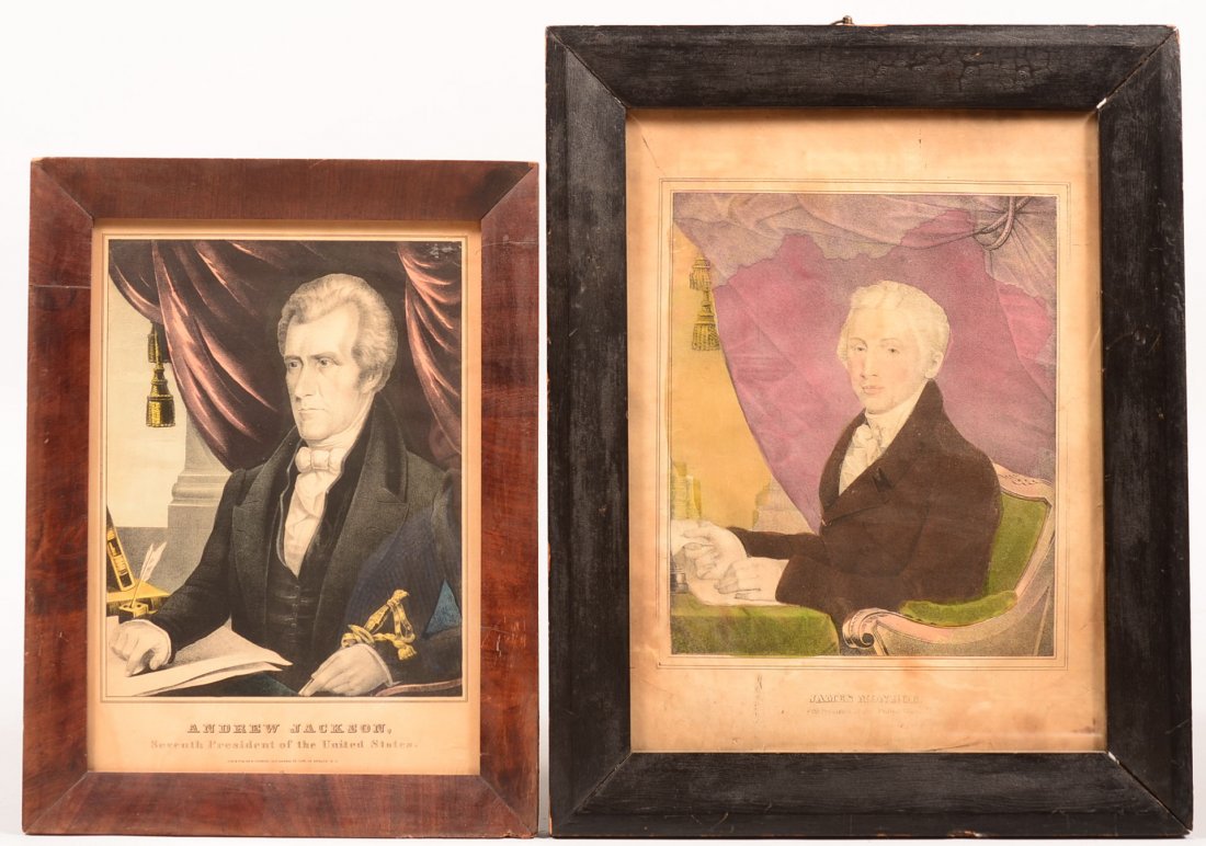 881. Two Hand Colored Lithographs; First titled "James: 881. Two Hand Colored Lithographs; First titled "James Monroe, fifth President of the United States", otherwise unsigned. Image size 15-1/2" x 11-1/2" in a painted mitered frame, 19-1/2" x 15-1/2" ove