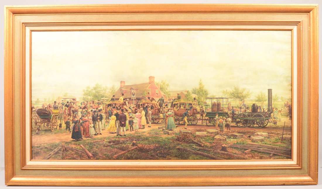 884. Large Color Print Depicting a 19th Century New: 884. Large Color Print Depicting a 19th Century New York Passenger Train Scene. A crowd of people gathered by a steam powered engine with passenger coaches marked "M. & H.R.R.Co." and stopped in front