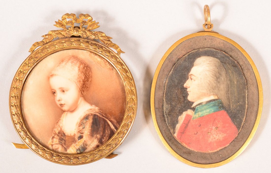888. Two 19th Century Paintings on Ivory. First is an: 888. Two 19th Century Paintings on Ivory. First is an oval profile of a gentleman in a brass locket frame2-3/4"h overall, second is a round portrait of a young girl, in a brass stand-up frame 3"h over