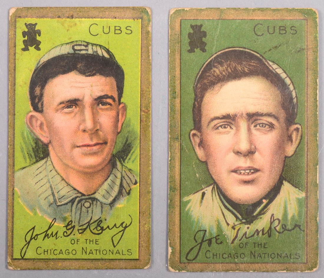 Two T-205 gold border cards circa 1911. The first is: Two T-205 gold border cards circa 1911. The first is John Kling of the Cubs with a Polar Bear back. The second is Joseph B. Tinker of the Cubs with a Piedmont back. Condition: Kling - trimmed, PR 1, T