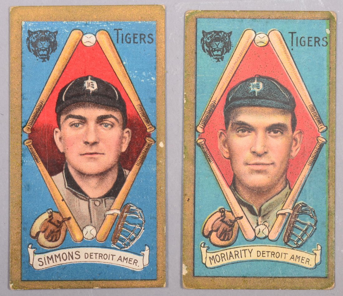 Two T-205 gold border cards circa 1911. The first is: Two T-205 gold border cards circa 1911. The first is George Simmons of Detroit with a Sweet Caporal back. The second is George Moriarity of Detroit with a Polar Bear back. Condition: Simmons - EX 5, M