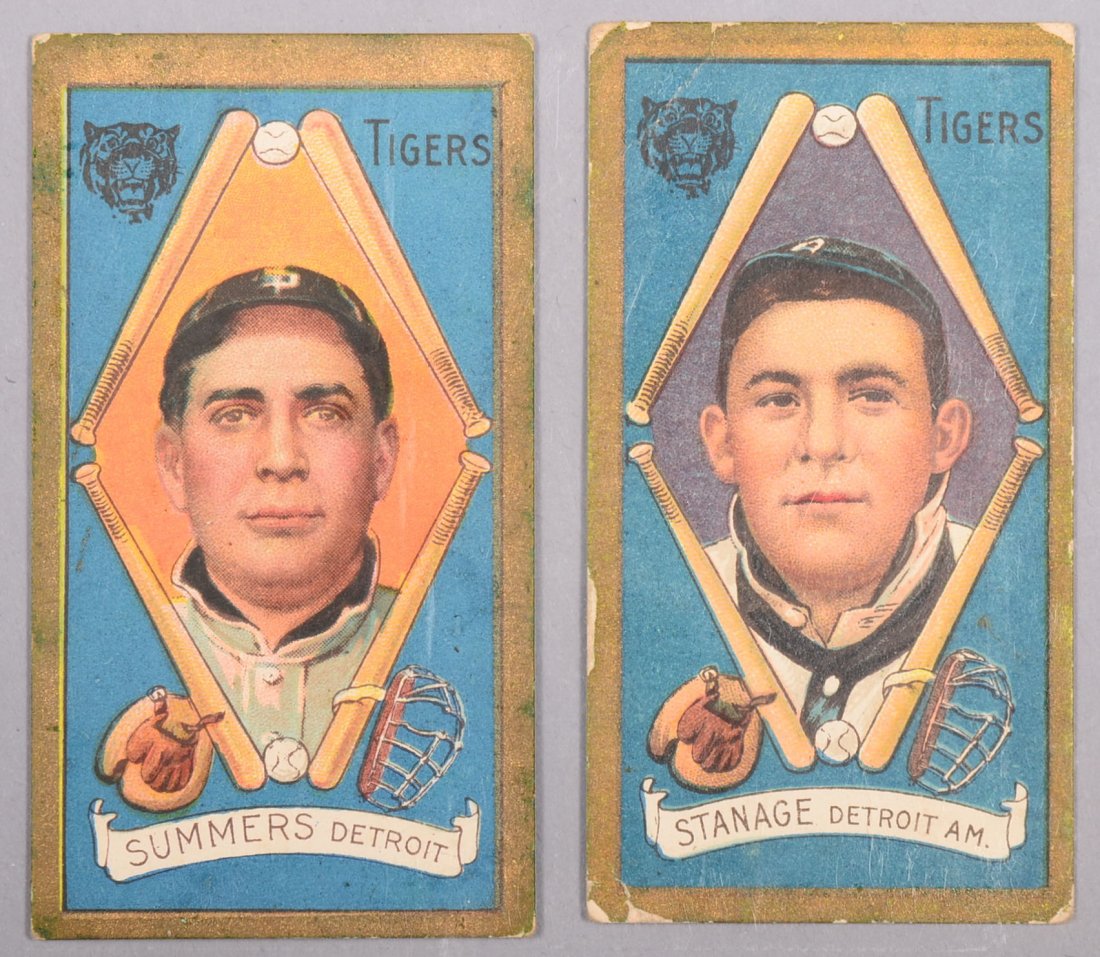 Two T-205 gold border cards circa 1911. The first is: Two T-205 gold border cards circa 1911. The first is Edgar Summers of Detroit with an Honest Long Cut back. The second is Oscar Stanage of Detroit with a Sweet Caporal back. Condition: Summers - EX 5,