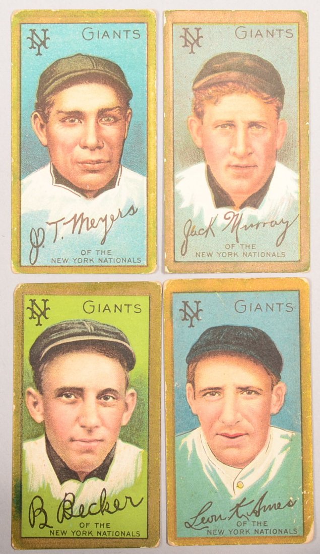 Four T-205 gold border cards circa 1911. The first is: Four T-205 gold border cards circa 1911. The first is John Meyers of New York with a Sweet Caporal back. The second is Jack Murray with a Sweet Caporal back. The third is Beals Becker of New York with