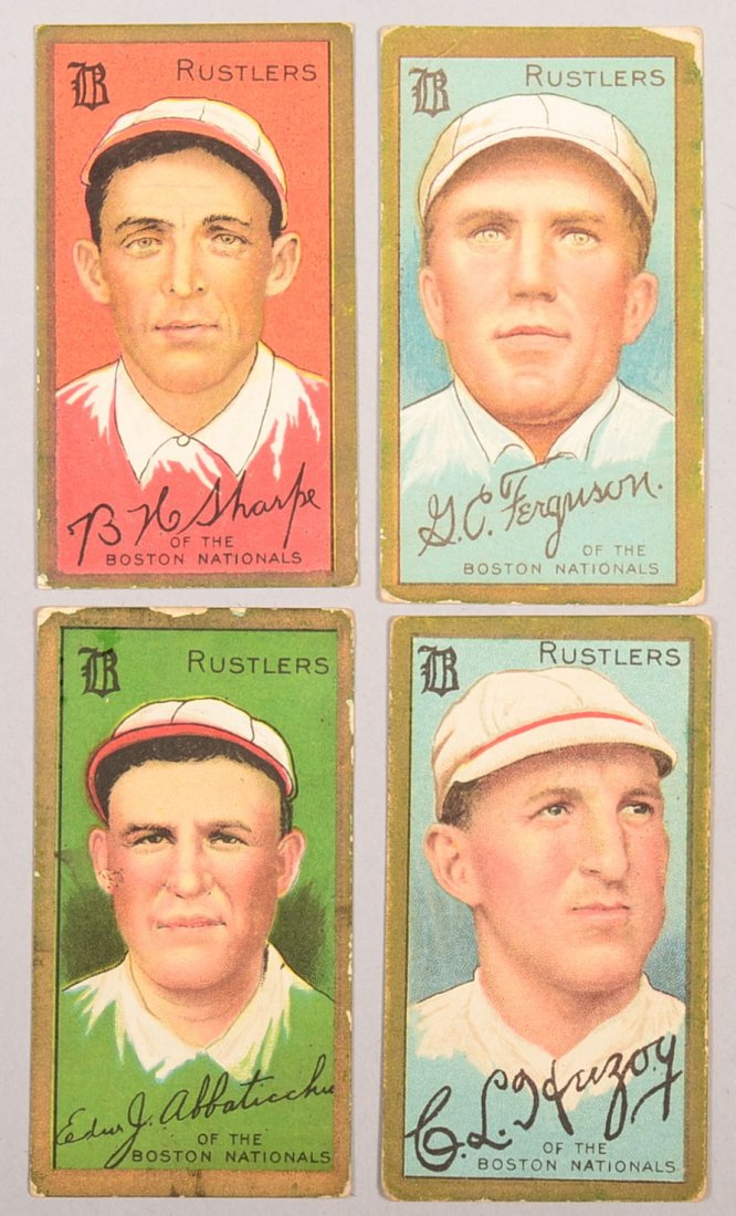 Four T-205 gold border cards circa 1911. The first is: Four T-205 gold border cards circa 1911. The first is Bayard Sharpe of Boston with a Piedmont back. The second is G. C. Ferguson of Boston with a Sweet Caporal back. The third is Edward Abbaticchio of