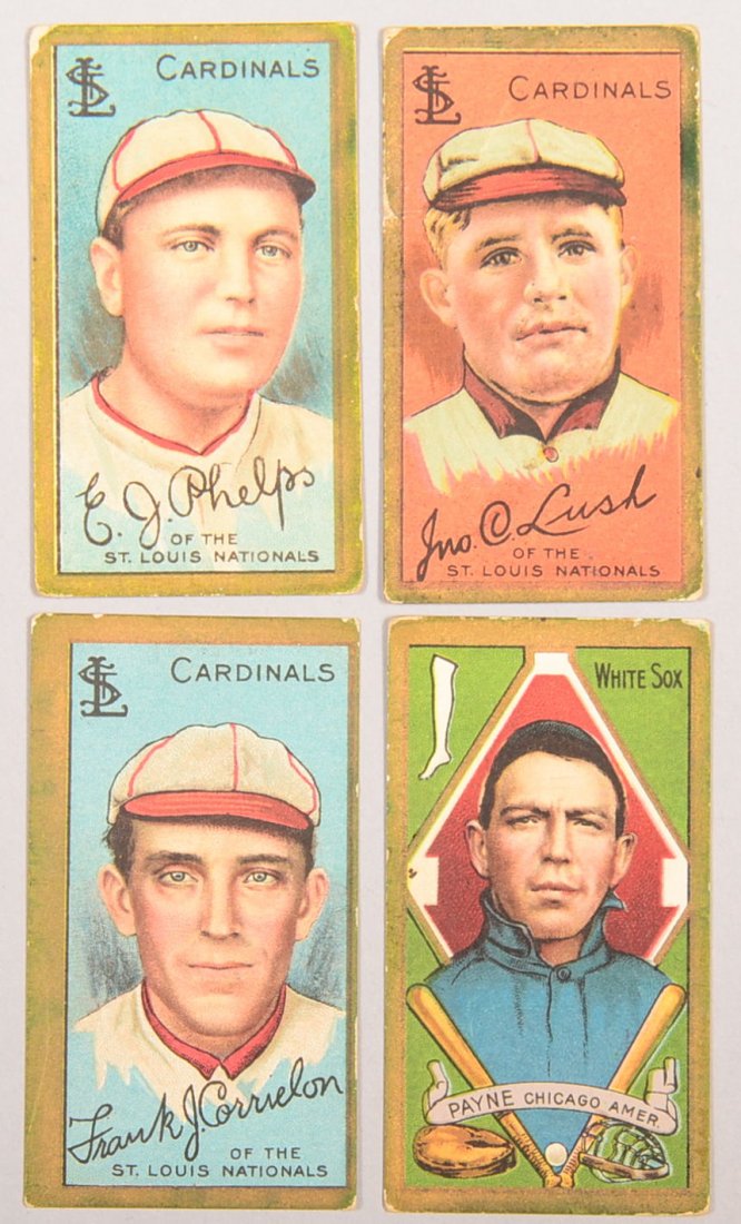 Four T-205 gold border cards circa 1911. The first is: Four T-205 gold border cards circa 1911. The first is Edward Phelps of St. Louis with a Piedmont back. The second is John Lush of St. Louis with a Polar Bear back. The third is Frank Corridon of St. L