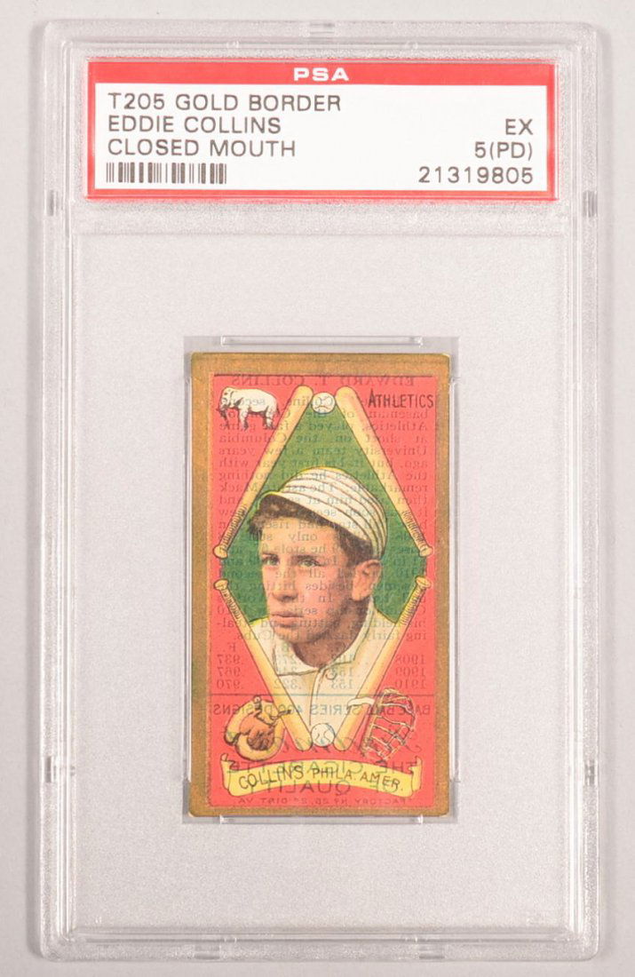 T-205 gold border card circa 1911. Edward Collins of: T-205 gold border card circa 1911. Edward Collins of Philadelphia of Philadelphia with closed mouth and a Piedmont back. Note: Rare error with back text overprinted upsidedown on front design. Conditi
