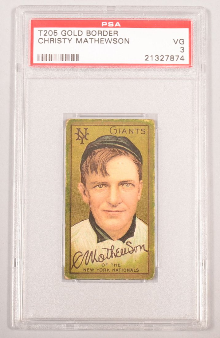 T-205 gold border card circa 1911. Christopher: T-205 gold border card circa 1911. Christopher Mathewson of New York with a Piedmont back. Condition: VG 3 in a PSA graded holder.